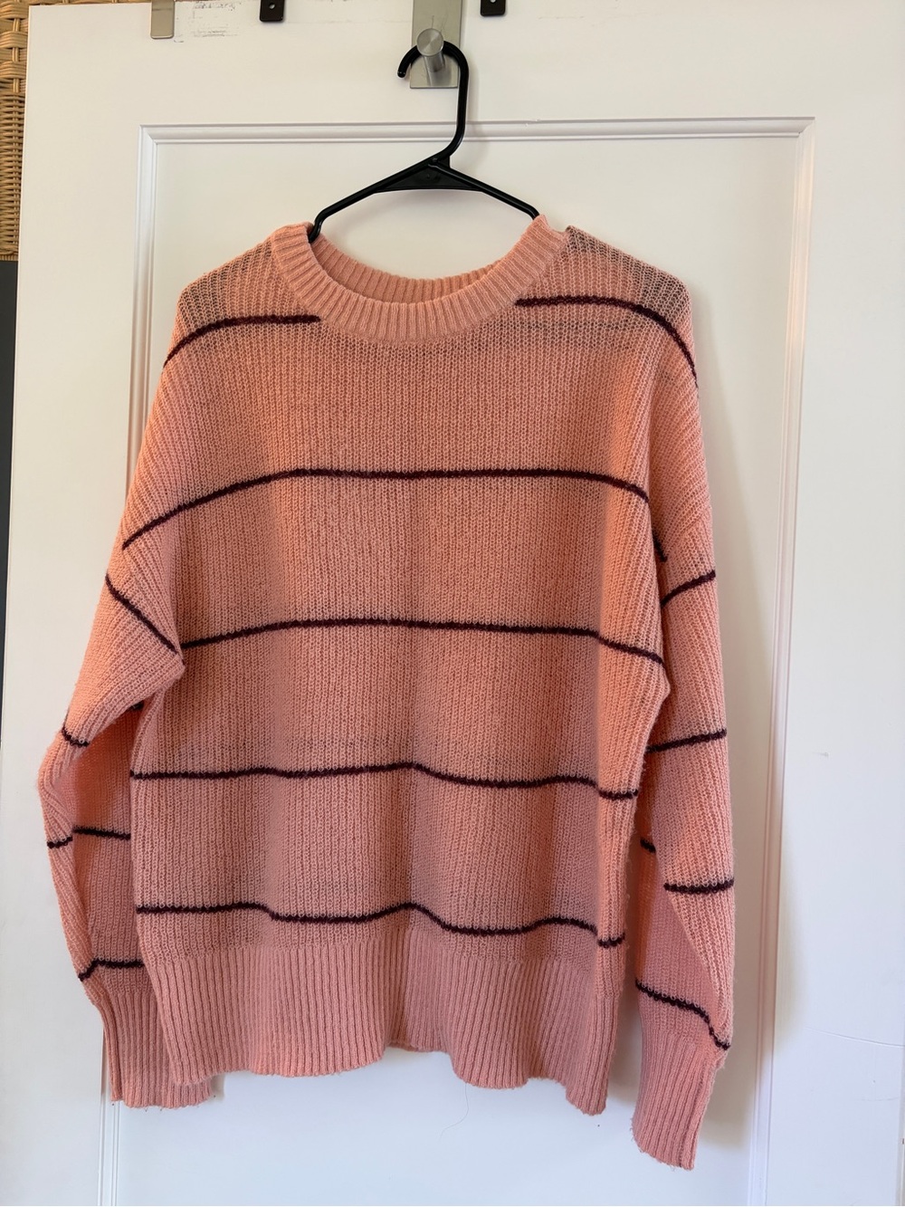 Gentle Fawn Peach Pink Crewneck Sweater with Dark Brown Stripe